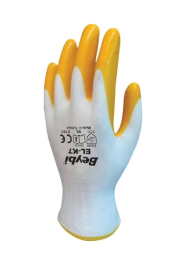 Beybi Elk7 Nitril Kaplamalı İş Eldiveni Sarıbeyaz Dayanıklı Kavrama Pn7 Elk Esnek Kaymaz