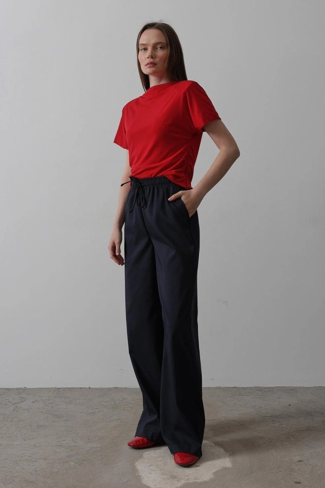 Amorluxe Beli Lastikli Bol Paça Pantolon - Lacivert