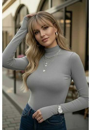 Parmak Geçmeli Kadın Body Esnek Kumaş Gri