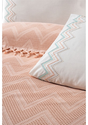 Çift Kişilik Petekli Bağlama Saçaklı Pike Takımı-delfina-pudra Pudra Pudra