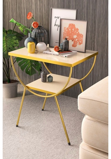 Yan Sehpa Komodin Metal Ayak Gold Krem Krem