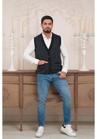 Woolen World Regular Fit Ön Cepli Desenli Kolsuz Erkek Triko Yelek Lacivert