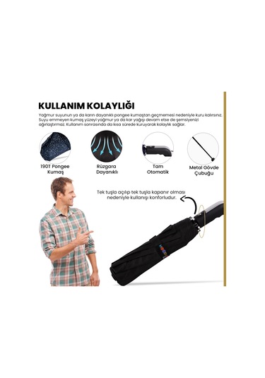 Biggdesign Moods Up Premium Ahşap Saplı Siyah Otomatik Şemsiye, Rüzgara Dayanıklı, Hızlı Kuruyan Çok Renkli