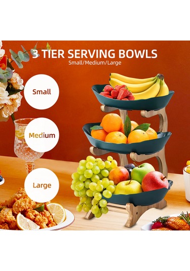 Reedark 3 Katlı Bambu Meyve Tepsisi - Çok Amaçlı Atıştırmalık Ve Pasta Sunum Standı Yeşil Koyu Yeşil