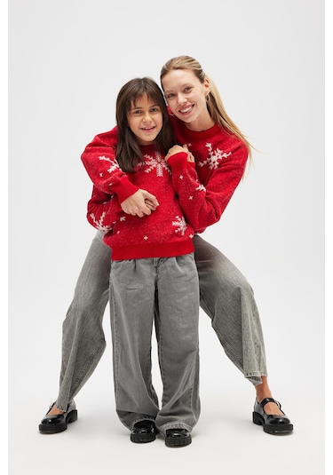 Peraluna Snowflake Kartanesi Desenli Unisex Yılbaşı Kazağı - Kırmızı Kırmızı
