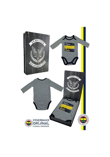 Fenerbahçe Lisanslı Kalpleri Fetheden Renkler Bebek Body Zıbın Hediyelik Ahşap Kutulu Gri