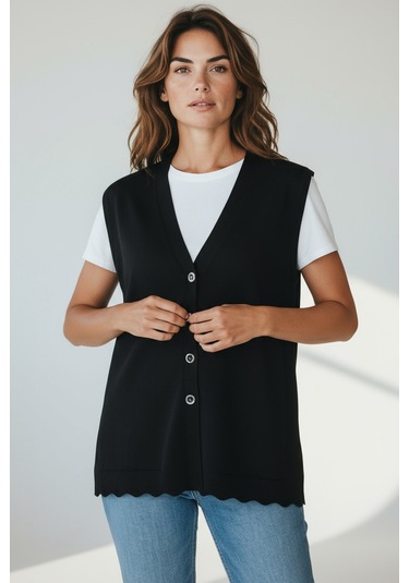 Kadın Önü Düğmeli Cepli Kalın Kışlık Kısa Yelek Mersa5 Siyah