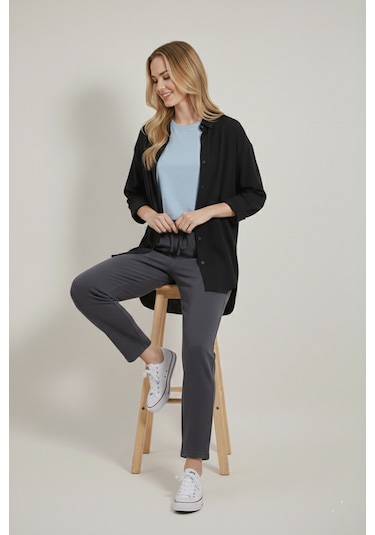 Yxc Trend Maker Oversize Uzun Basic Bayan Keten Gömlek Siyah