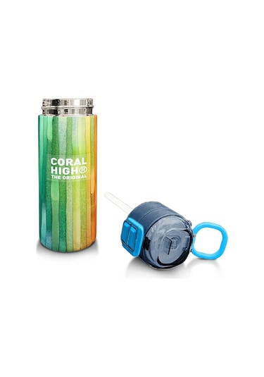 Coral High Kids Lacivert Renkli Çizgili Desenli Pipetli Ve Direkt İçim Çelik Termos 500 Ml 31890 Açık Mavi - Sarı