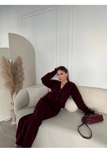 V Yaka 3 Düğmeli Hırka Takım Triko İkili Etekli - Bordo Bordo
