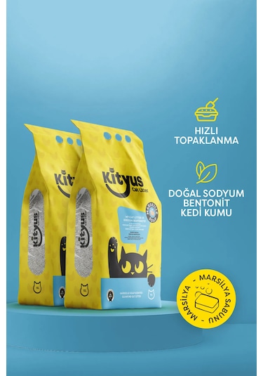 Kityus 2'li Avantaj Paketi Ekstra Hijyenik Ince Taneli Topaklanan Tozsuz Marsilya Sabunlu Kedi Kumu 2x10lt