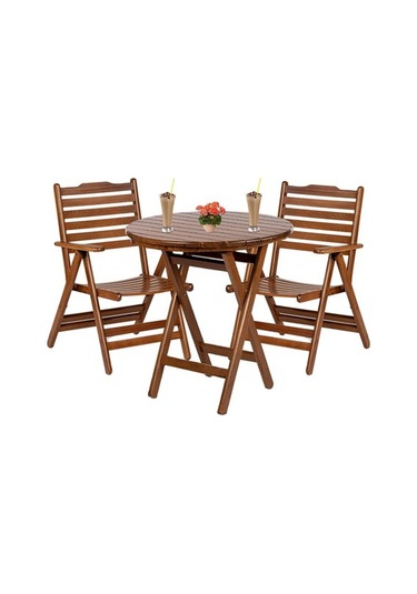 Ürgüp Katlanır Ahşap Bahçe Balkon Seti: 90lık Masa, 2 Sandalye Kahverengi