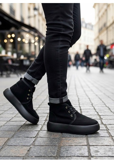 Ba0550 İçi Kürklü Bağcıklı Siyah Taban Erkek Tarz Spor Bot Siyah
