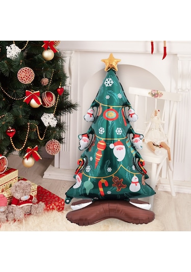 Ayaklı Çam Ağacı Kardan Adam Desenli Folyo Balon 58x120 Cm Çok Renkli