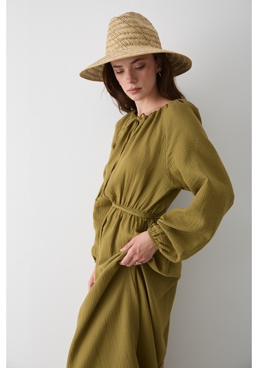 Haki Bağlama Detaylı Müslin Elbise - 2004 Haki