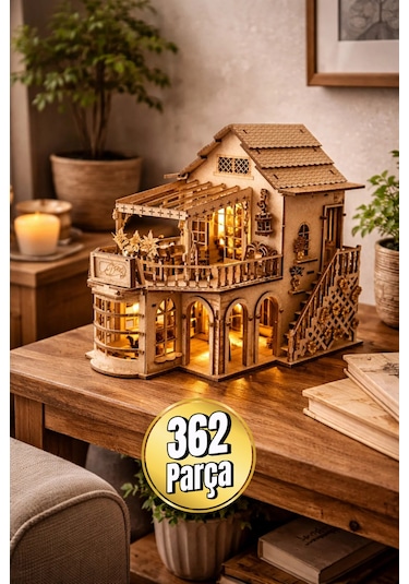 Işıklı Detaylı Kahve Dükkanı Diorama Maketi Ahşap Hobi Seti