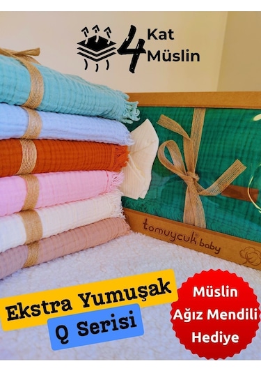 4 Kat Müslin Mint Yeşil Saçaklı Bebek Battaniyesi 100x120 Cm- %100 Pamuklu & Çok Amaçlı Battaniye Mint