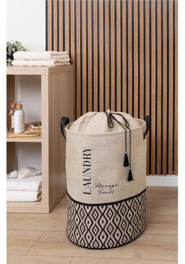 Bohe Bej Kumaş Büzgülü Çamaşır Sepeti-çocuk Oyuncak Düzenleyici-çok Amaçlı Sepet 35x35x50cm Gri-beyaz