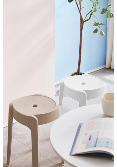 Kaymaz Ayaklı İçiçe Geçebilen Plastik Tabure 4 Adet Latte-beyaz