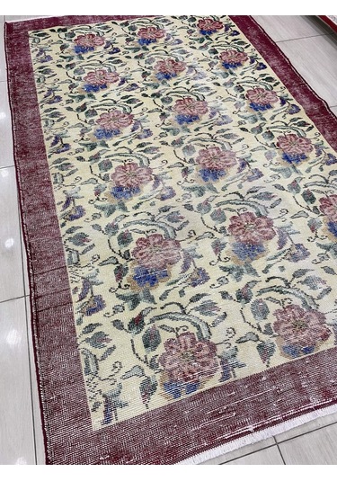 El Dokuma Eskitme 145X240 Kırmızı Mavi Güllü Vintage Yün Halı ! Kırmızı