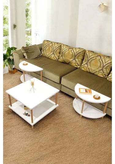 Çevir Kur 3'ü 1 Arada 2 Raflı Orta Sehpa Ve Dekoratif Yan Sehpa Gazetelikli Beyaz