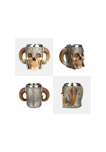 Ranyeek Kemik Kafa Desenli 550ml Büyük Bardak, 304 Paslanmaz Çelik + Reçine, İki Kollü, Ofis/ev/bar/restoran Kullanıma Uygun Çok Renkli