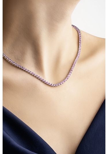 Pembe Taşlı 18 Ayar Beyaz Altın Kaplama 42 Cm Gümüş Su Yolu Kolye