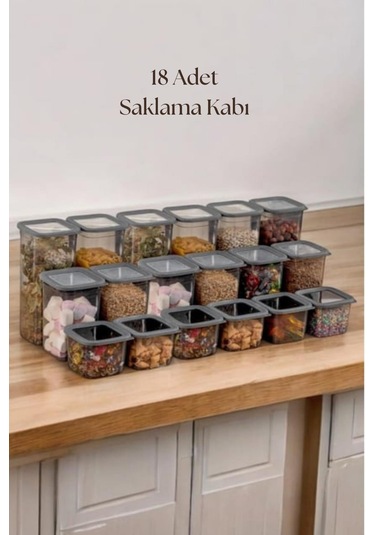 18'li 3 Boy Kavanoz Seti & Saklama Kabı & Erzak Kabı 6x650/1300/1900 Ml 40 Lı Etiket Hediyeli Antrasit