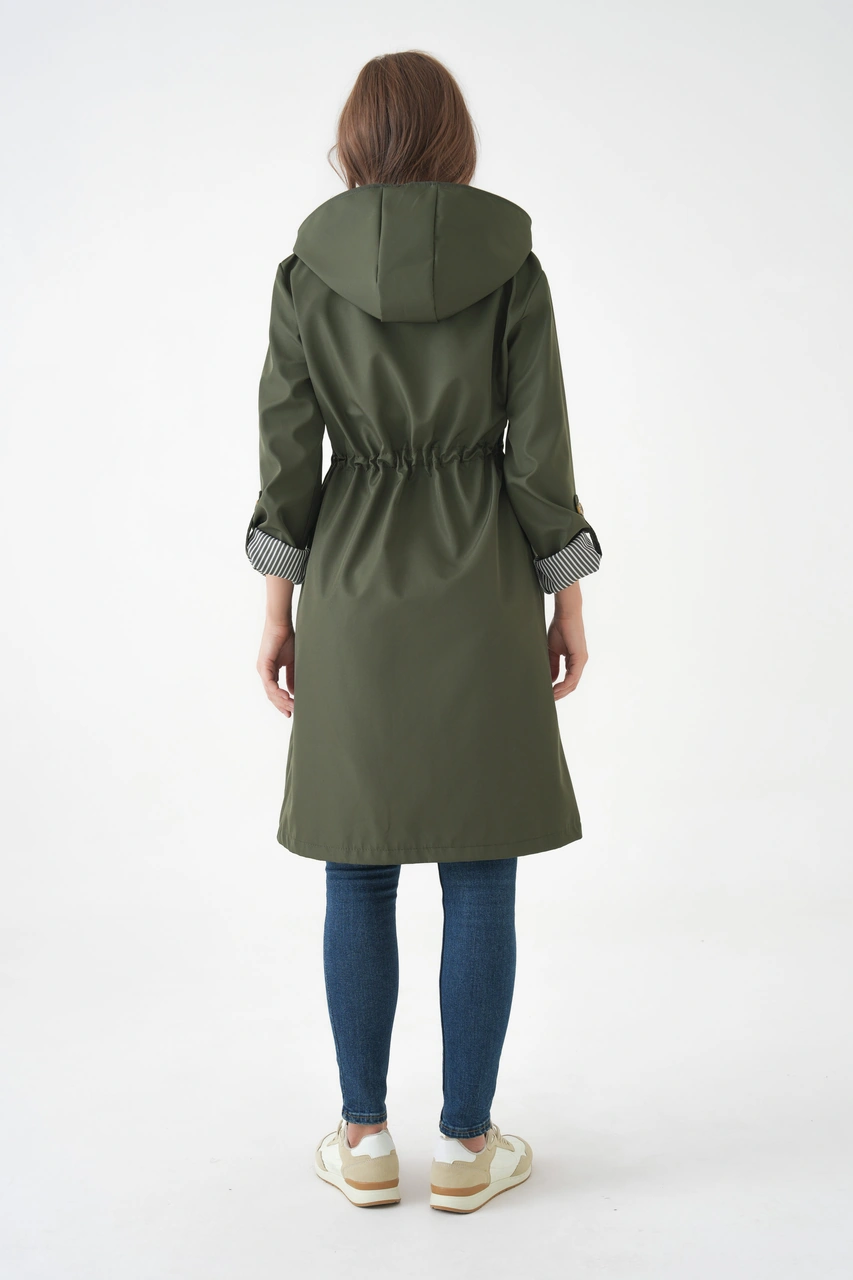 Kadın Rüzgar Ve Su Geçirmez Bondit Kumaş Çıkarılabilir Düğmeli Kapüşon Beli Tünelli Mevsimlik Trençkot Haki