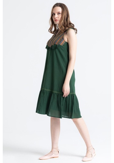 Kolsuz Şile Bezi Ilgaz Midi Boy Elbise Yeşil