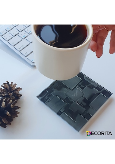 Decorita Cam Bardak Altlığı Siyah Küpler 4'lü Takım 10 CM x 10 CM Siyah