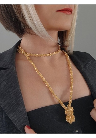 Top Zincir Modüler Örme Çelik Zincir Uzun Konsept Altın Kaplama Gold Renk Kolye