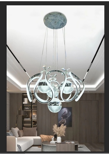 Modern 3 Renkli Toplu Kelebekli Gümüş Ledli Sarkıt Avize Çok Renkli