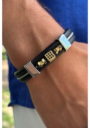 Zirkon Taşlı El İşçiliği İle Üretilmiş Hakiki Deri Erkek Bileklik Siyah - Altın