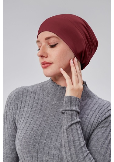 Kadın Tesettür Hazır Pratik Geçmeli Bone Lastikli Kaymaz Bordo Bordo