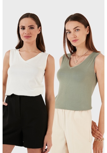 Lela Slim Fit V Yaka Kalın Askılı 2' Li Paket Bayan Bluz 5864384S2 Ekru-Olive