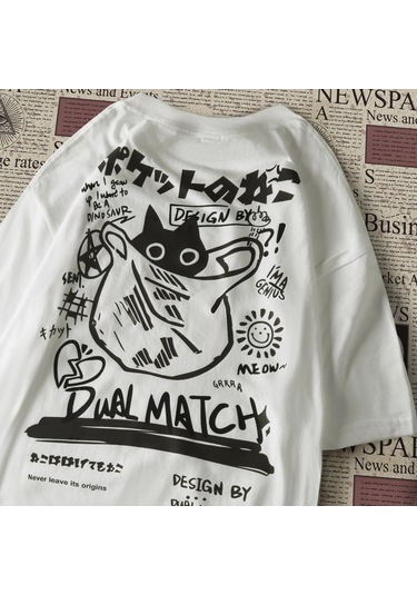Teekossc 2024 Yaz Kedi Baskılı Harajuku Kawaii Erkek Kadın T-shirt Y2k Streetwearblack Black