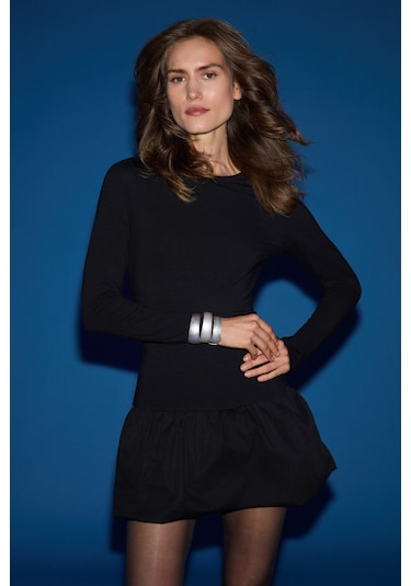 Pani Florıne Kadın Slim Fit Balon Etek Kısmı Dokuma Poplin Üstü Esnek Viskon Mini Siyah Elbise