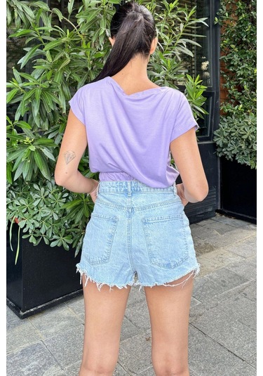 Kadın Lila Yarım Kol, Geniş Yaka, Tek Cepli, Beli Lastikli Rahat Crop Bluz Lila