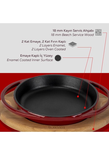 Lava Döküm Yuvarlak Sahan Döküm Demir Yekpare Çift Kulplu Kayın Servis Ahşabı Çap Ø 16cm.-bordo Bordo