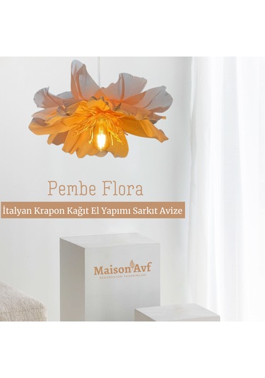 İtalyan Krapon Kağıt Pembe Flora El Yapımı Sarkıt Avize Pembe