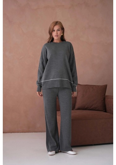 Kadın Bisiklet Yak Adüşük Kol Kazak Fitilli Pantolon İkili Triko Takım Antrasit