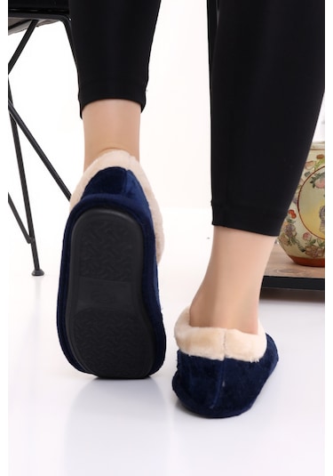 Wordex U040 Kadın Erkek Ev İçi Yünlü Kışlık Ev Pandufu Ev Ayakkabısı Lacivert
