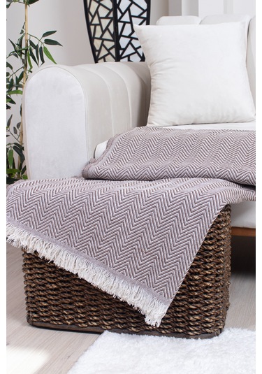 Pamuklu Zikzak Desenli Püsküllü Koltuk Örtüsü 170x210 Cm Dekoratif Ve Çok Amaçlı Kahverengi