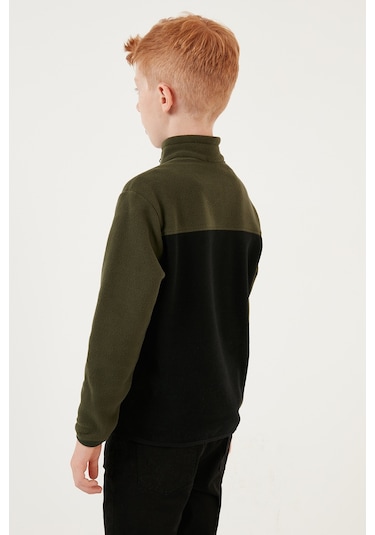 Lela Yumuşak Dokulu Yarım Fermuarlı Renk Bloklu Dik Yaka Unisex Çocuk Polar 5905004 Haki-Siyah