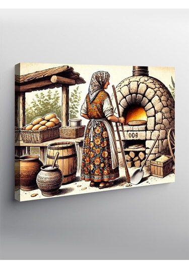 Kanvas Tablo Odun Fırınında Ekmek Yapan Kadın