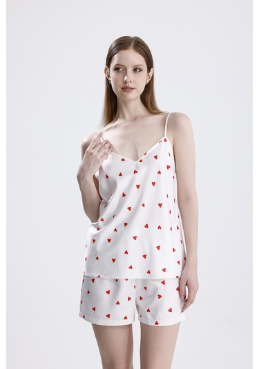 Laperissa Kadın Kalp Desenli Saten İp Askılı Şort Takım Çok Renkli