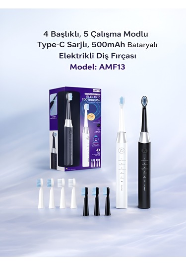 Deanb 500mah Titreşimli Elektrikli Diş Fırçası 5 Modlu 4 Yedek Başlık Siyah