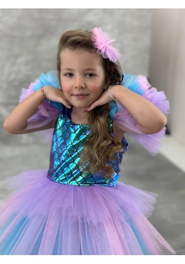 Kız Çocuk Tütü Etekli Deniz Kızı Elbisesi Mavi 2102 Mavi