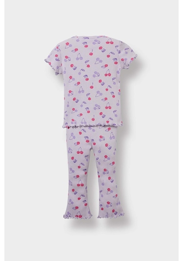 Defacto Kız Bebek 2li Takım Desenli Fitilli Kaşkorse Kısa Kollu Tişört Tayt F3510a525aupr305 Mor